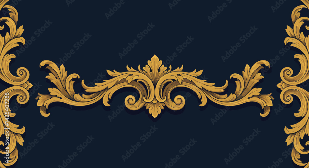 Poster golden ornate scrollwork adorns a deep blue backdrop creating an elegant design