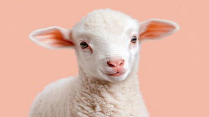 Fototapeta premium cute lamb with fluffy white wool and pink ears stands against soft peach background, exuding sense of innocence and charm