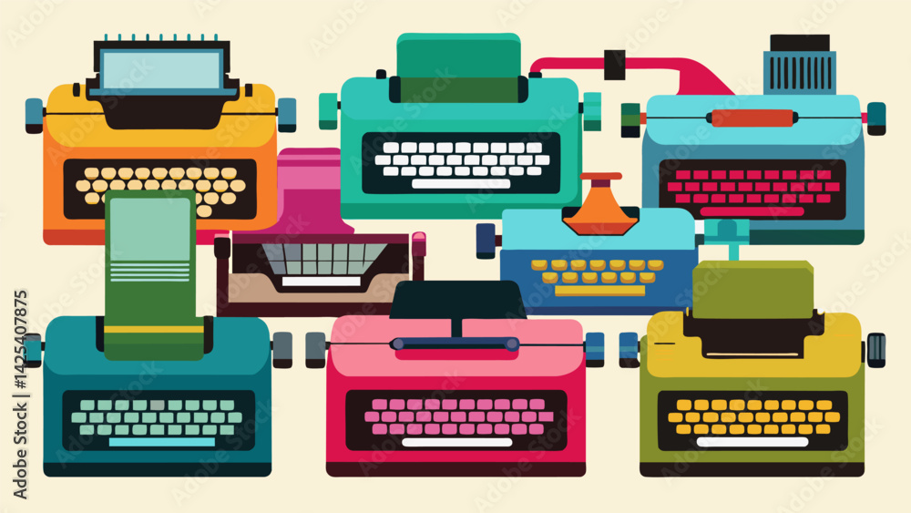 Poster a collection of typewriters in varying colors showcasing the diversity and creativity of their desig