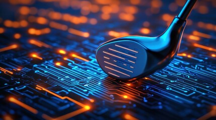 Golf club on circuit board, digital background