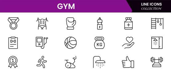 Gym and fitness icon set. It contains healthy lifestyle, weight training, body care, and workout or exercise equipment icons. Vector illustration web line icon collection 