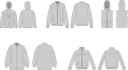 Set of technical drawings of men's outerwear. Bomber, denim, vest, jacket. Fashion technical illustration - front and back view, CAD models for men and women, unisex. © Mikhail