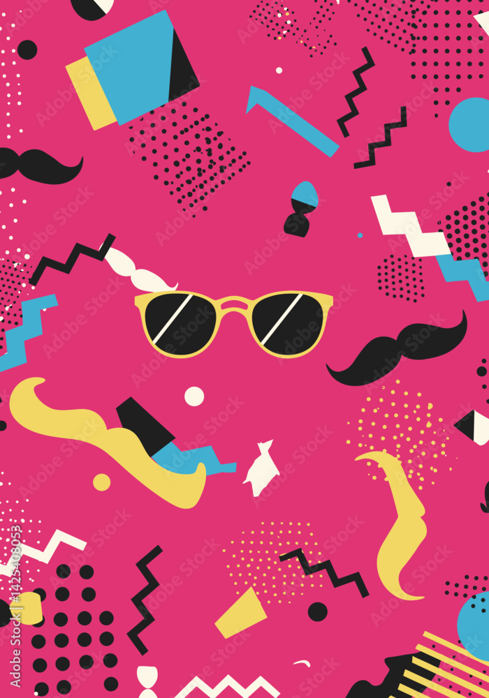 Poster retrothemed pattern featuring sunglasses mustaches and abstract shapes on a pink background