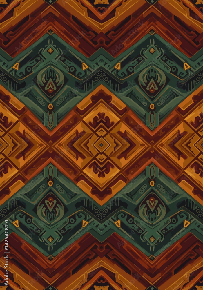 Poster symmetrical geometric tribal pattern in autumnal colors with repeating shapes and detailed linework