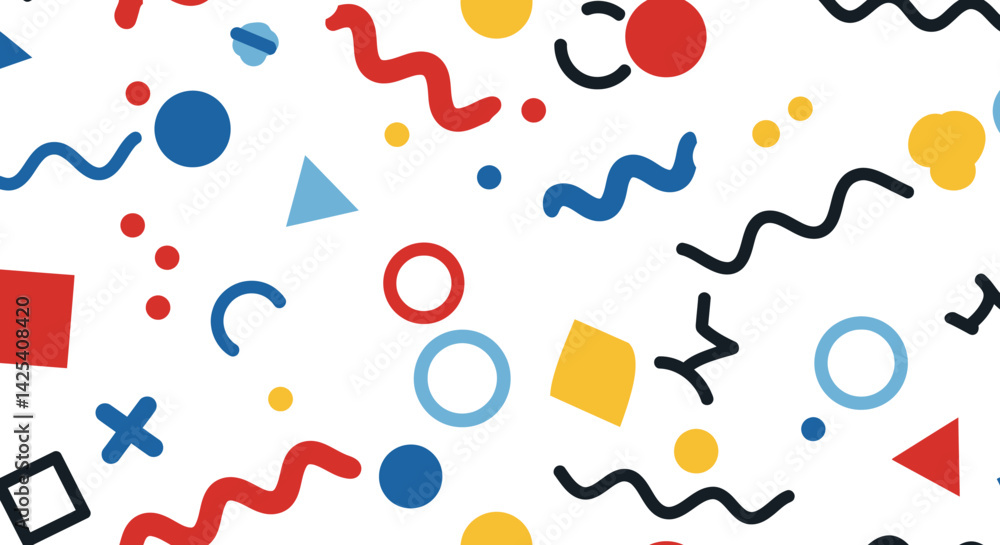 Poster whimsical shapes in primary colors dance against a white canvas curves triangles and dots create a p
