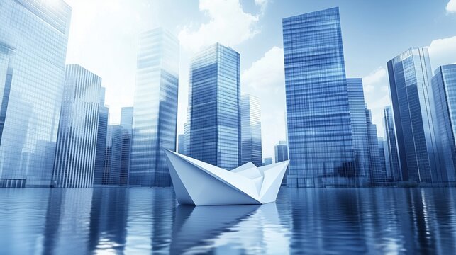 Paper boat floats in reflective water with city skyscrapers under a cloudy sky