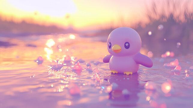 cute pastel penguin with joyful expression slides on ice surrounded by sparkling lights during serene sunset. scene is dreamy and whimsical