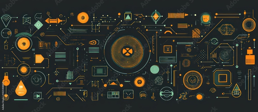 Poster intricate graphical interface with geometric shapes and line connections art