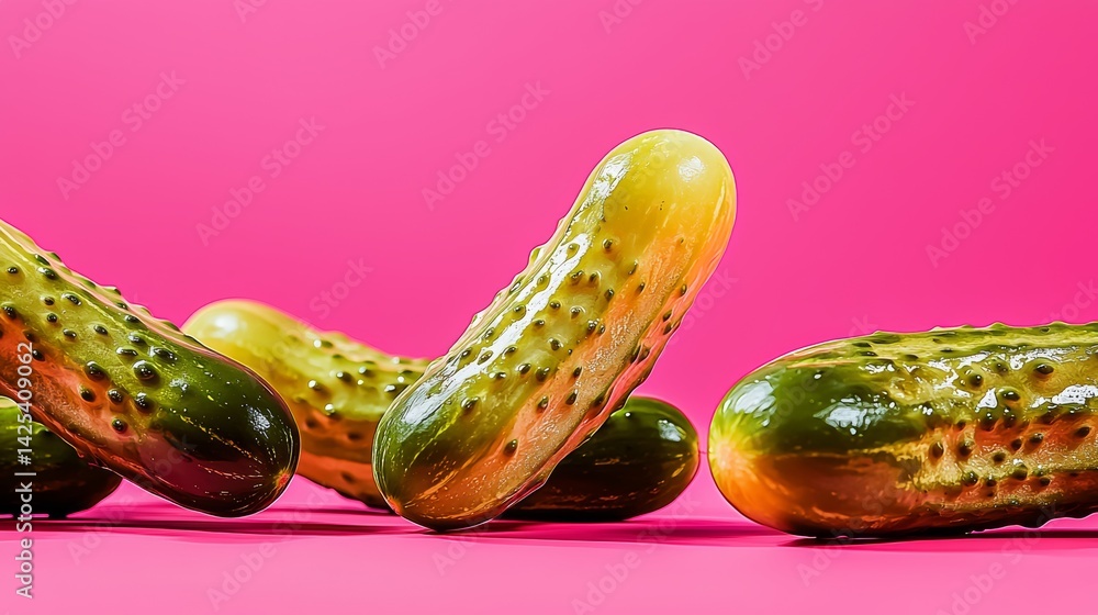 Poster row of pickles with one of them being a pickle head. the pickles are arranged in a row on a pink bac