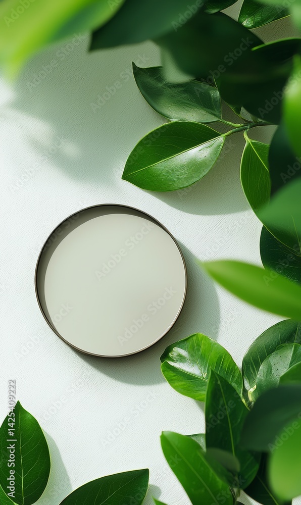 Poster white plate with a mirror on it is surrounded by green leaves. the plate is empty and the leaves are