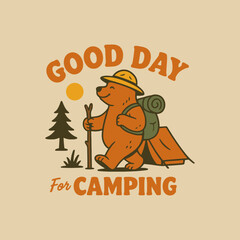 Bear Hiking to Camp with Tent and Forest for Outdoor Adventure