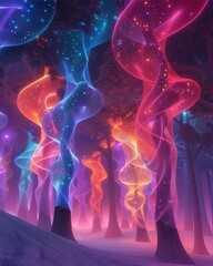Futuristic neon trees swaying under cosmic winds subtle animated movement, clean surreal colors  