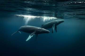 Fototapeta premium A stunning underwater photograph of two humpback whales swimming just below the ocean's surface. One whale is partially breaking through the surface, creating a misty splash