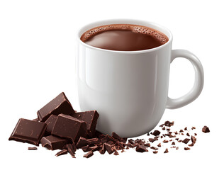 Hot chocolate in a white mug with small pieces of dark chocolate on a transparent background PNG.