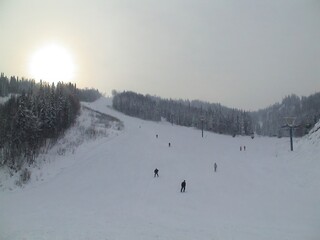 Skiers on snowy mountain slope under overcast sky with forested hills in winter