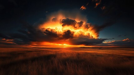 Dramatic sunset over a field, fiery clouds