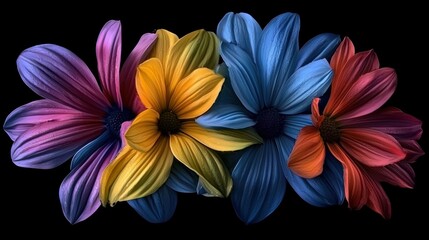 Obraz premium A digital design featuring flowers with petals in the four CMYK colors, representing the use of the color model in art.