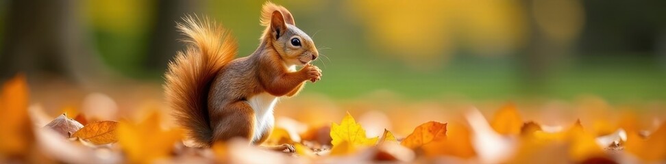Obraz premium Rusty brown squirrel amidst vibrant autumn leaves in a Czech park , outdoor, brown