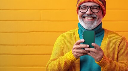 Man wearing a yellow sweater and glasses is holding a green cell phone. He is smiling and he is happy