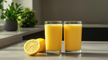 Fototapeta premium Fresh Lemon Juice in Glasses on Kitchen Counter with Sliced Lemon and Green Plant in Background