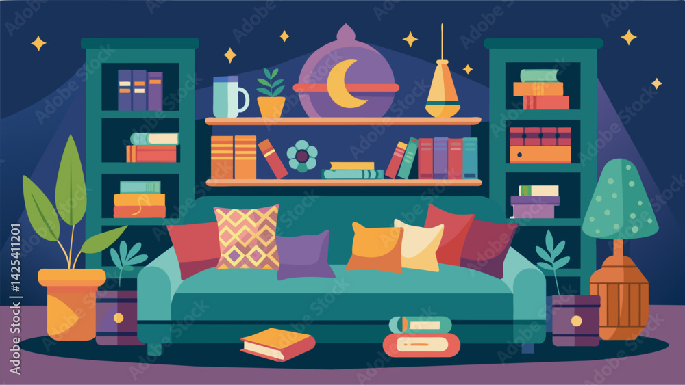 Poster a cozy reading nook is filled with mismatched bohemianstyle pillows and a bookshelf filled with well