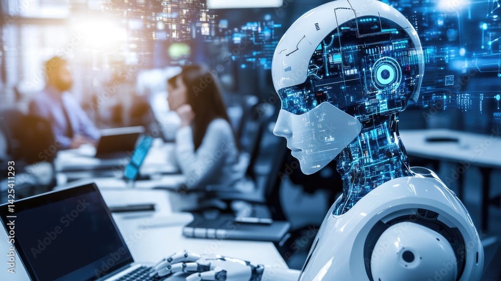 Aufkleber ai robot collaborating with humans in modern office setting