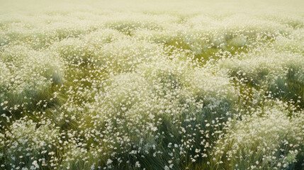 Lush field of delicate white flowers swaying gently in the breeze under soft sunlight