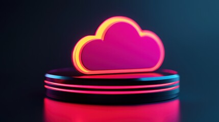 Abstract illustration of a glowing pink cloud icon on a pedestal with neon lighting effects and dark background