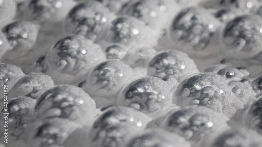 Poster close-up video of shiny silver spheres on a textured surface, shot from a low angle, creating a futu