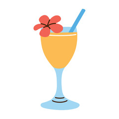 Bright summer drink in glass with straw and tropical flower decoration. Refreshing lemonade or cocktail doodle icon, vector illustration for vacation, beach bar or sunny day mood