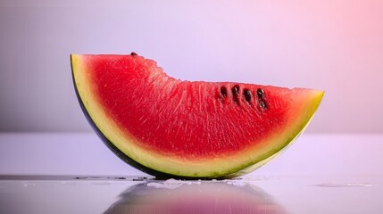 Slice of watermelon is shown on a white background. The slice is cut in half, revealing the juicy red fruit inside. Concept of freshness and summertime