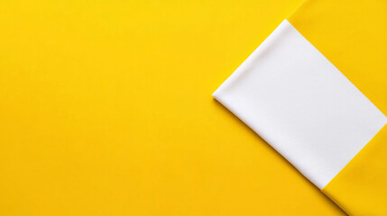 white folded napkin is placed on vibrant yellow background, creating striking contrast. minimalist composition emphasizes simplicity and elegance