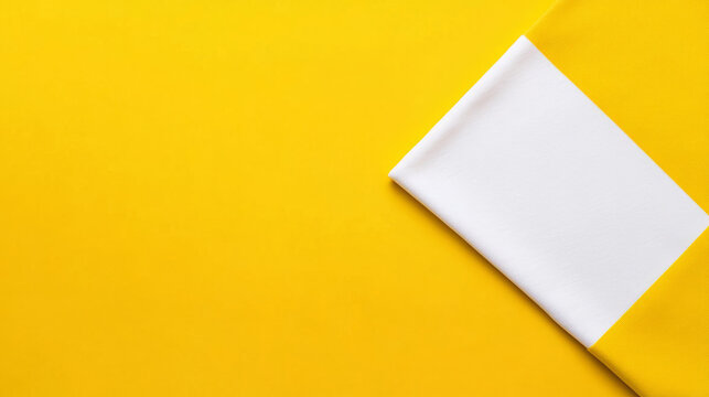 white folded napkin is placed on vibrant yellow background, creating striking contrast. minimalist composition emphasizes simplicity and elegance