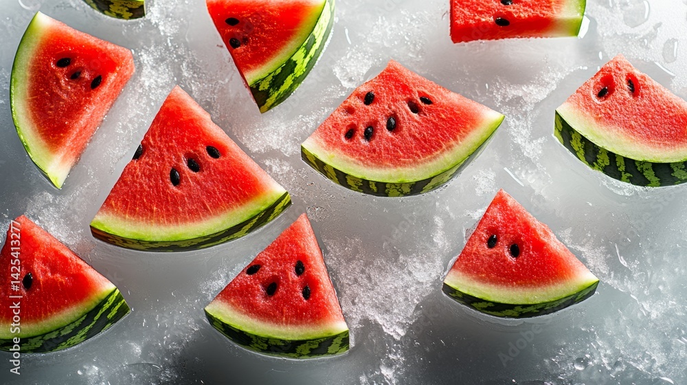 Poster close up of a bunch of watermelon slices on a white surface. the slices are arranged in a way that t