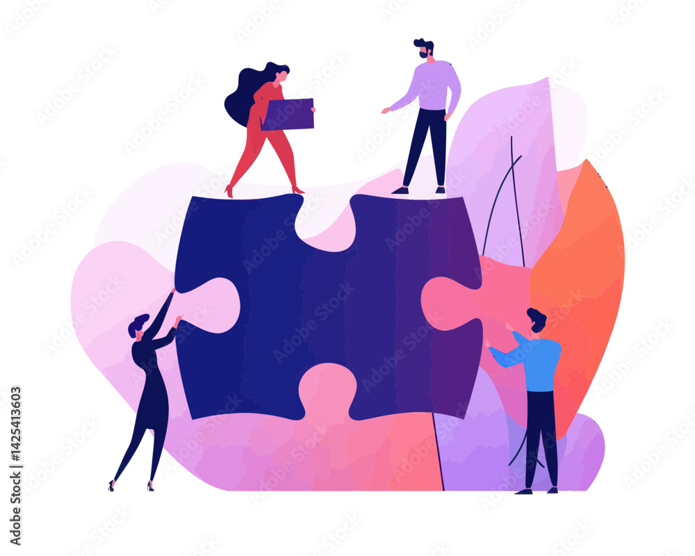 Poster collaborative teamwork concept with business people connecting puzzle pieces for success, cooperatio