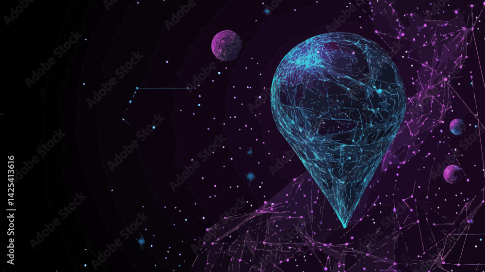 Poster abstract vector pin in starry sky with lines and shapes of planets and universe, wireframe cosmos co