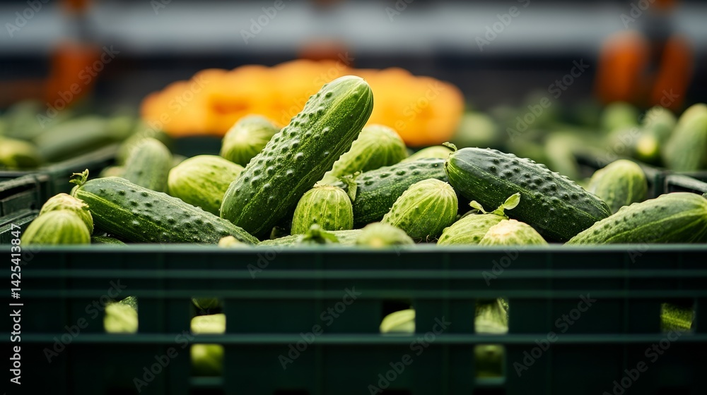 Poster crate full of cucumbers. there are many cucumbers in the crate