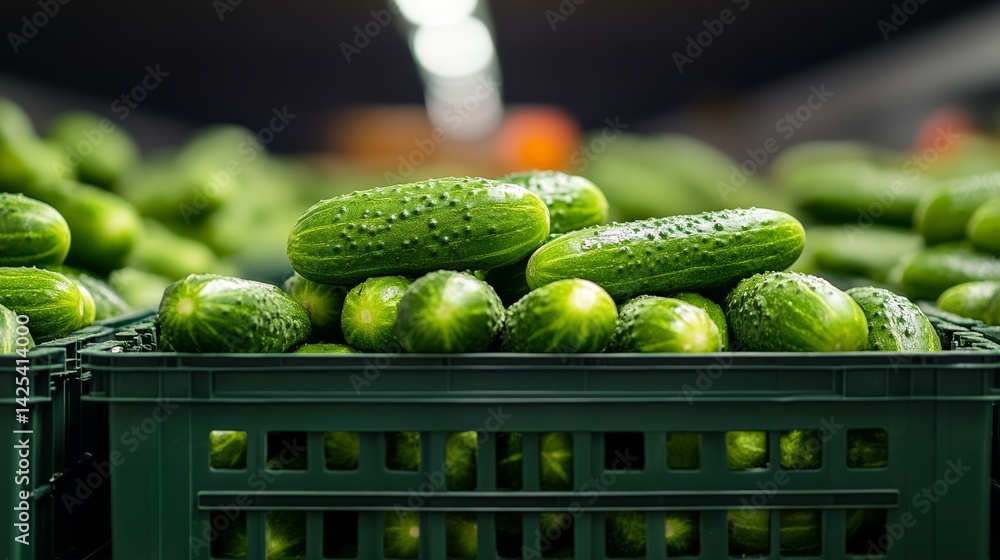 Poster crate full of green cucumbers. the cucumbers are wet and shiny. the crate is green and has a lid
