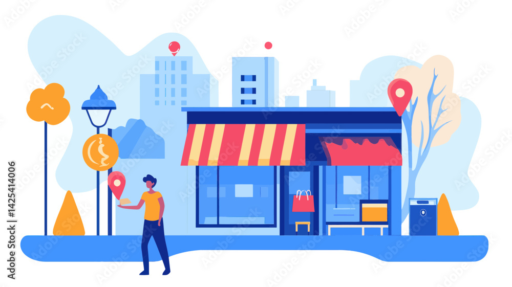 Poster flat design vector illustration of person using mobile phone to find nearest store with map pin loca