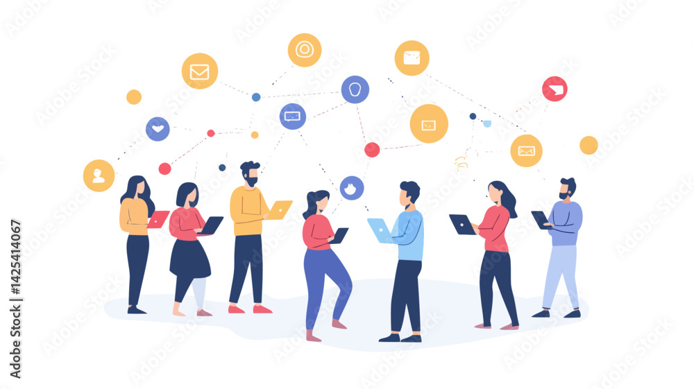 Poster social network concept vector illustration with diverse people using digital devices and connecting 