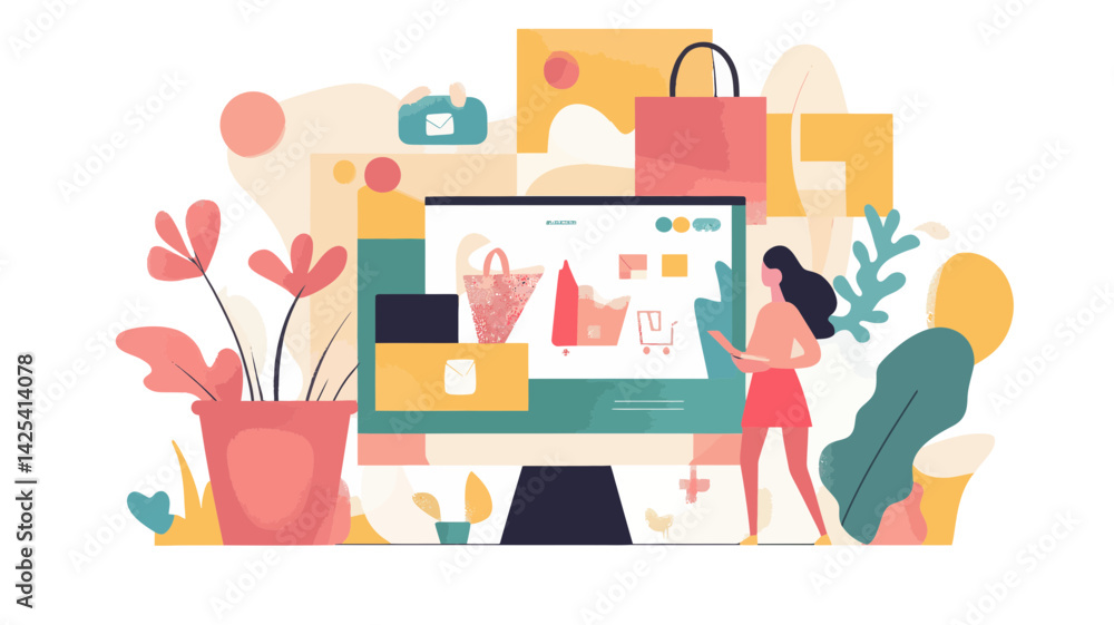 Poster flat design online shopping concept with desktop screen and shopping cart icons - website template a