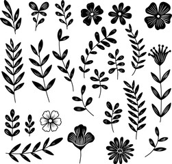 Set of hand drawn leaves, branches, flowers, flourishes. Design element for banner, sign, poster, decoration. Vector illustration