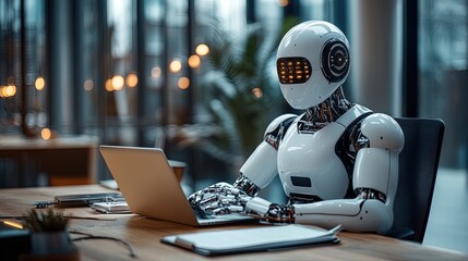 Futuristic Robot Working on Laptop in Office