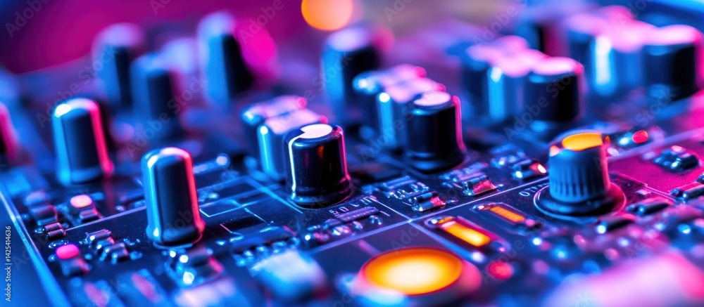 Poster illuminated close-up of a detailed circuit board with neon color cast