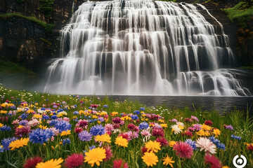 Naklejka premium Cascading waterfall surrounded by vibrant wildflowers.