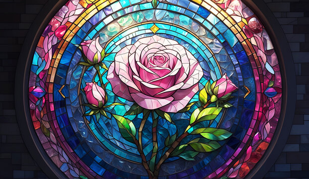 stained glass window, pink geometric rose mosaic art 