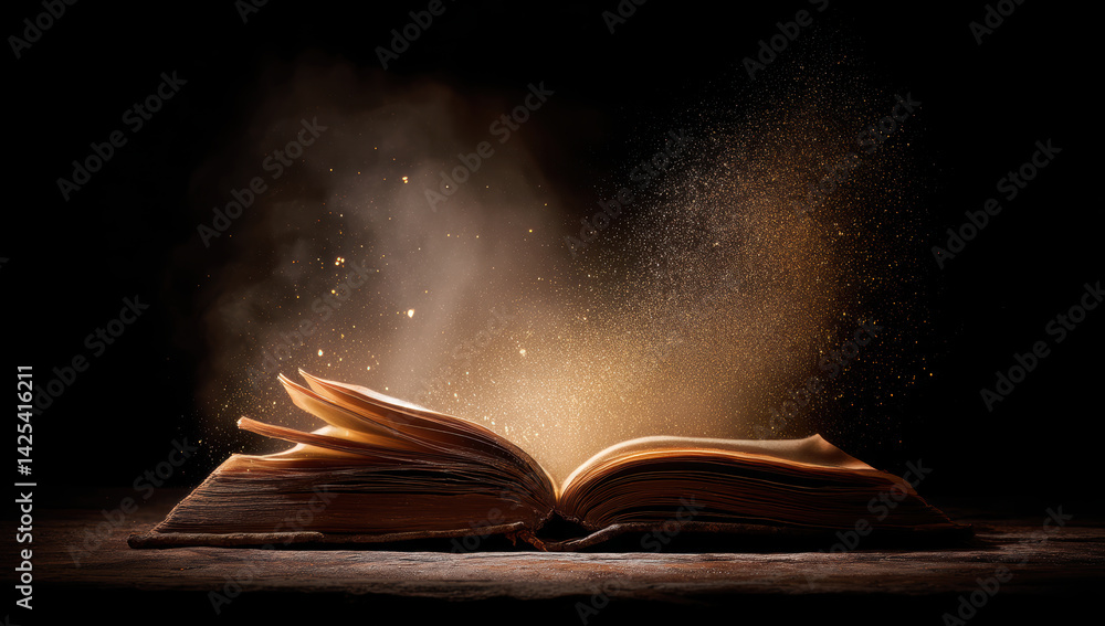 Aufkleber artistic concept with open ancient book and shimmering pages releases magical dust, creating enchant