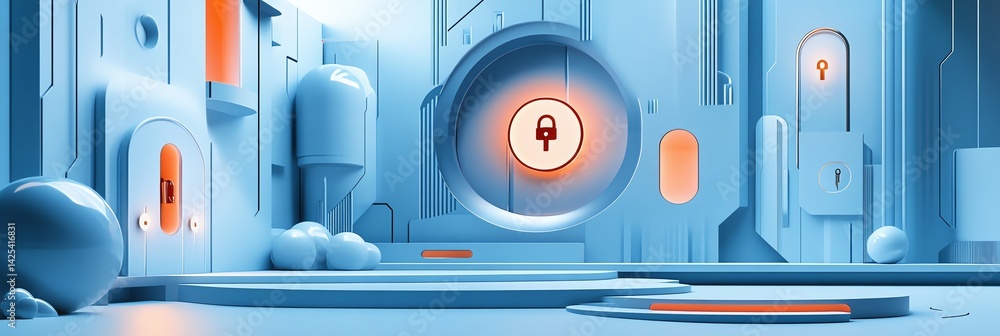 Poster rendering of abstract security system with padlock and geometric shapes