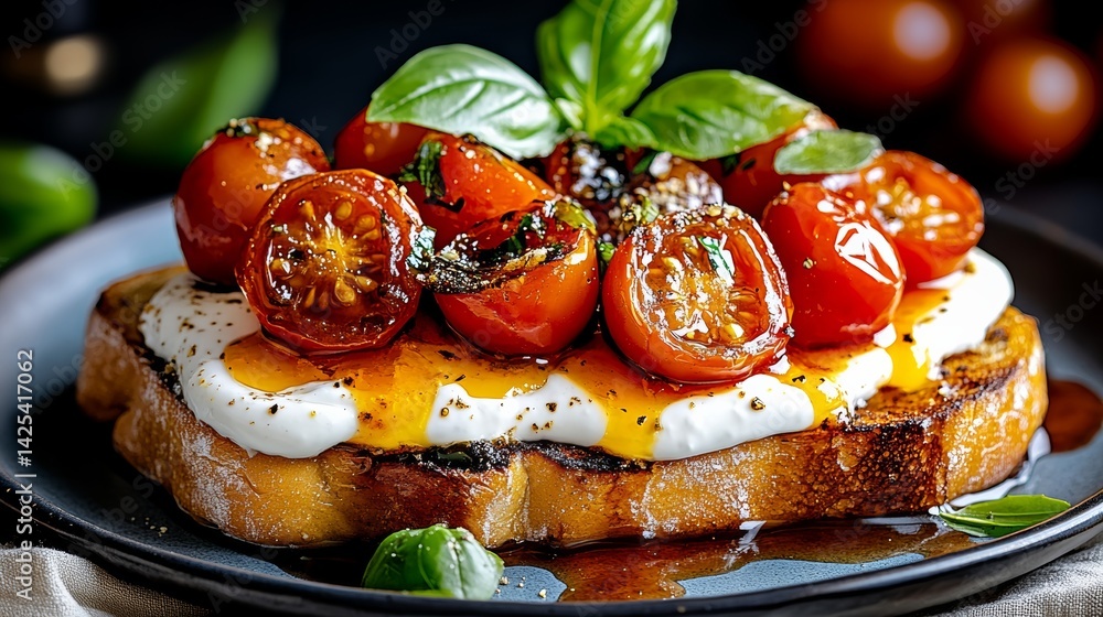 Poster plate of food with a slice of bread topped with cheese and tomatoes. the bread is toasted and the ch