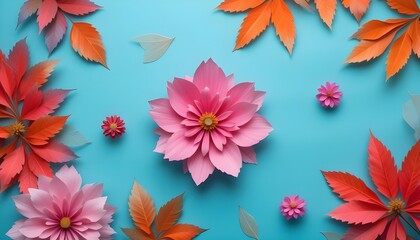 pink paper flowers and autumn leaves on sky blue background